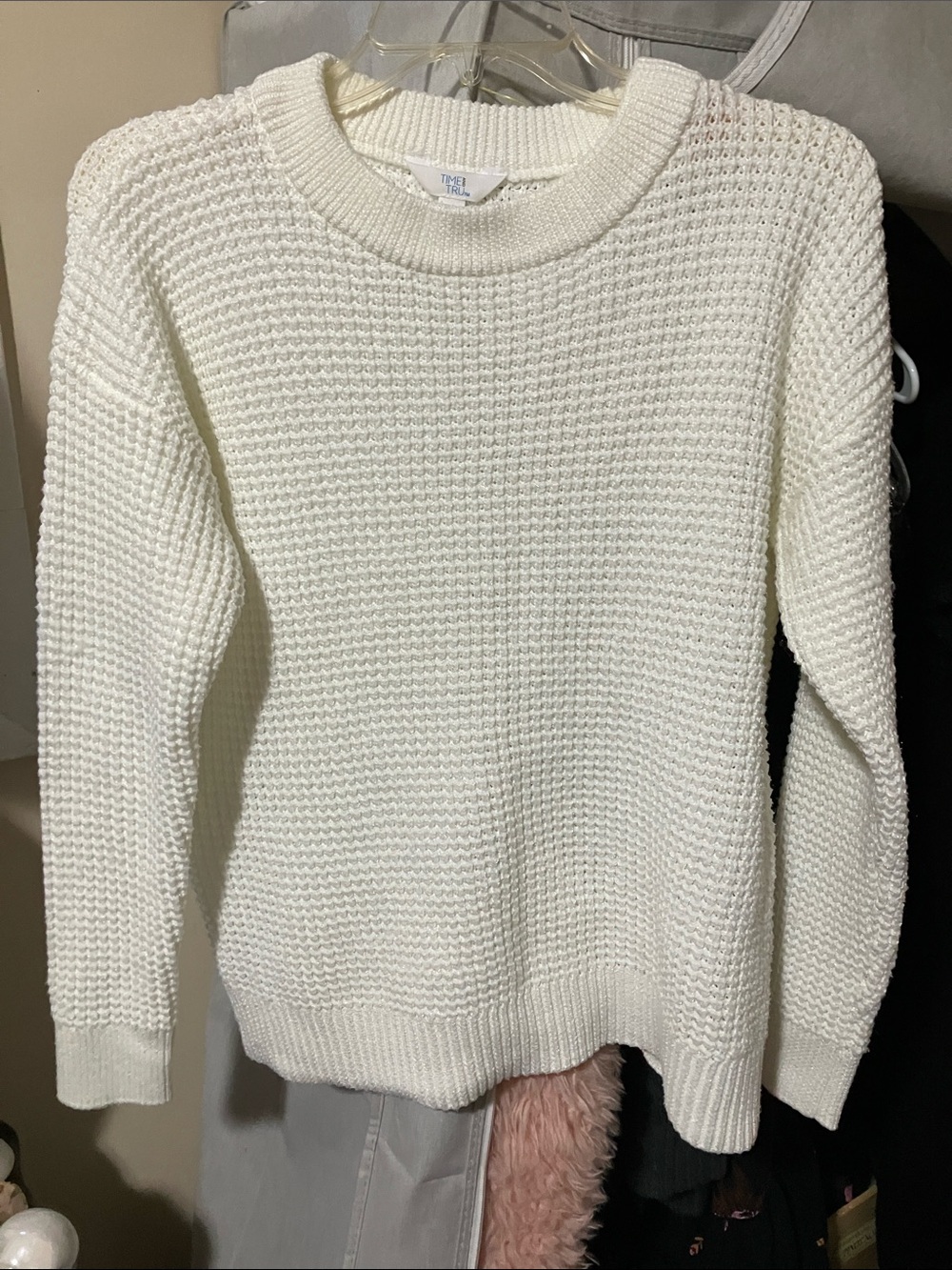 Time and Tru Cream Waffle-Knit Crewneck Sweater cozy warm fall cottage basic
